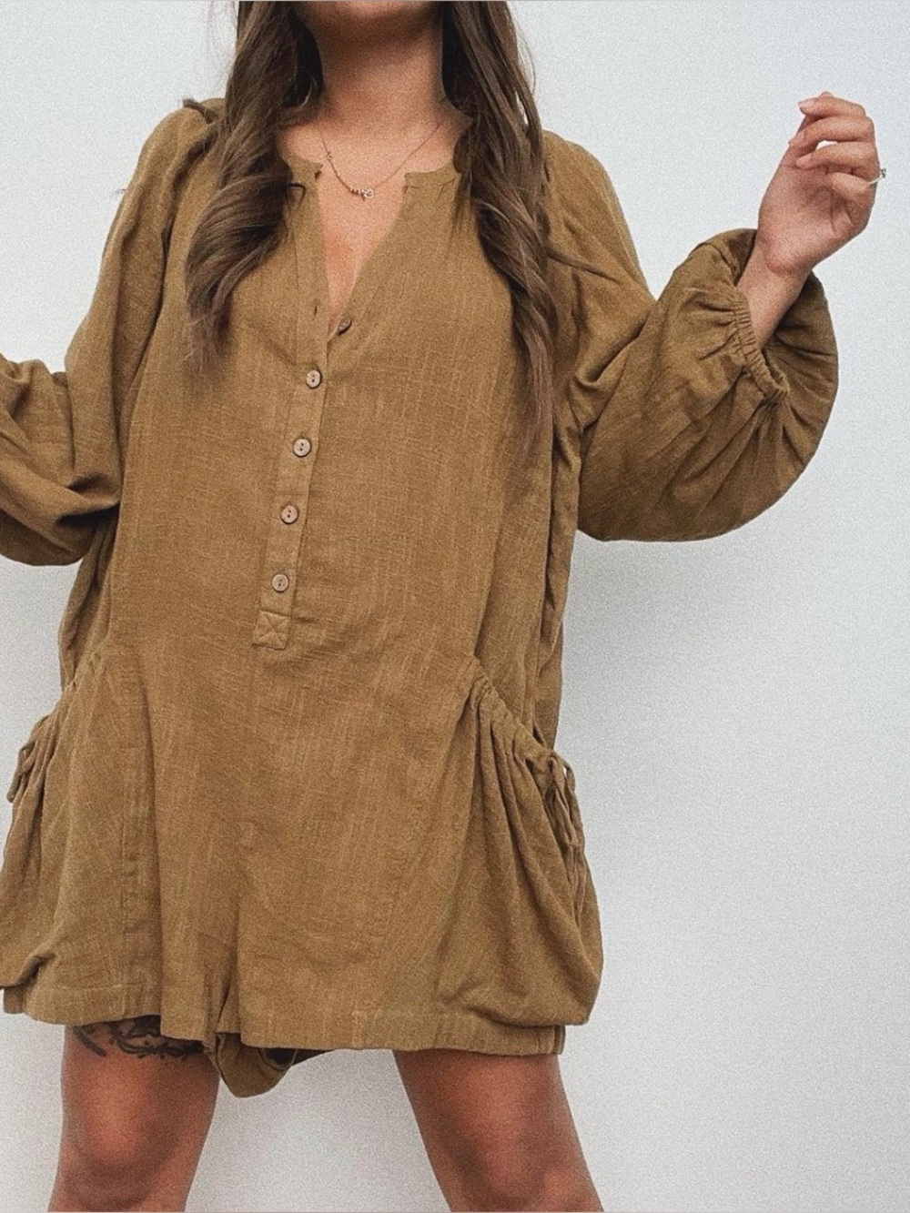 Free People Relaxed Brown Split Neck Romper with Side Drawstrings